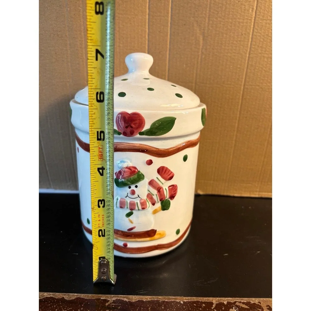 Heritage Pottery Christmas Snowman Cookie Treat Candy Jar w Lid Holiday